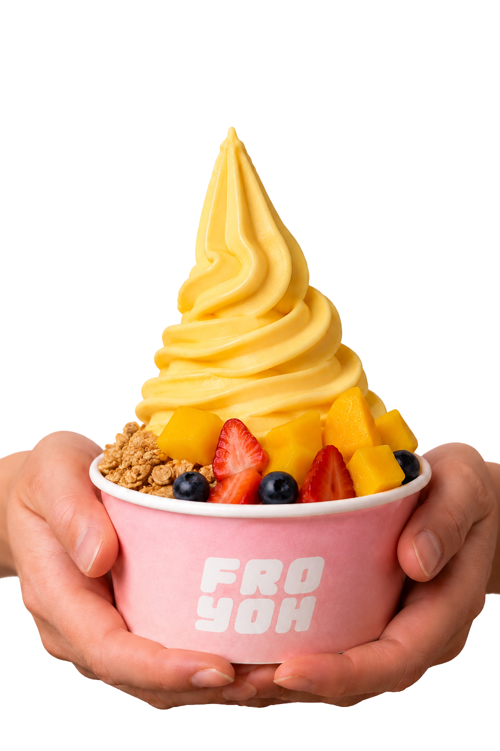 Hands holding a Fro Yoh cup piled with mango soft-serve, granola, strawberries and blueberries