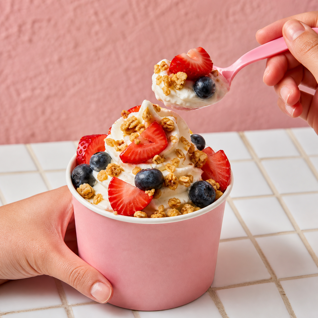 Sharing a spoonful of soft-serve topped with strawberries and granola